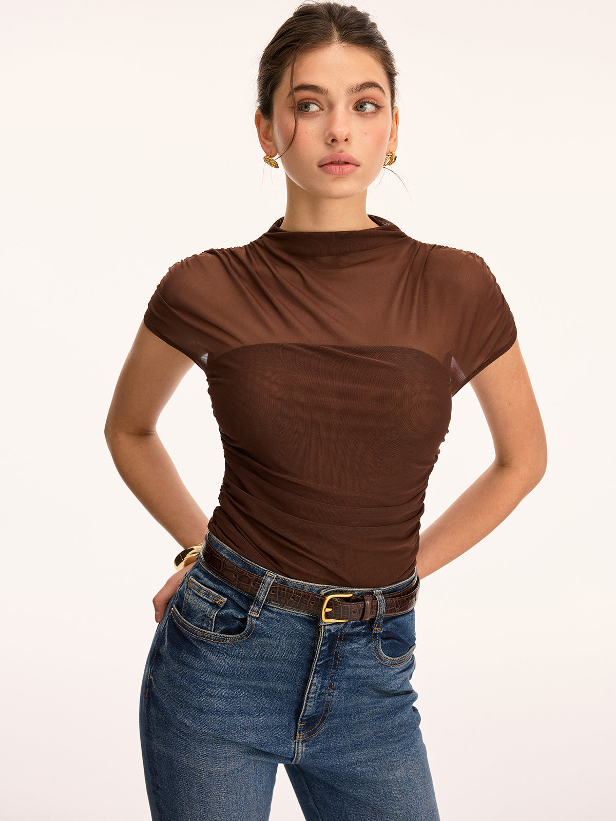 Mesh Ruched Mock Neck Top