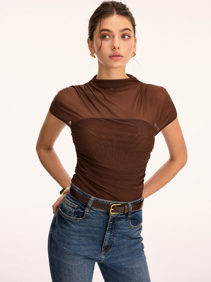 Mesh Ruched Mock Neck Top