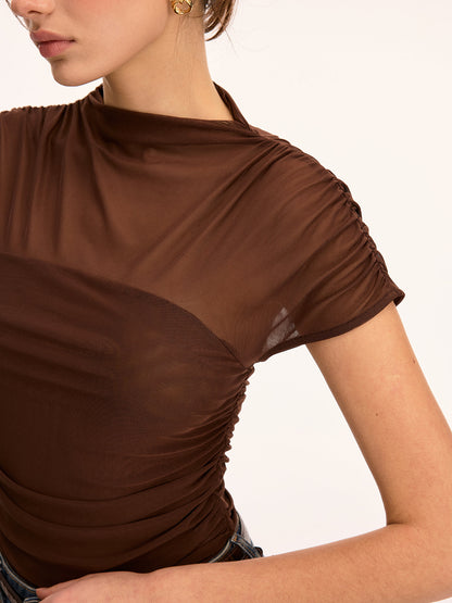 Mesh Ruched Mock Neck Top