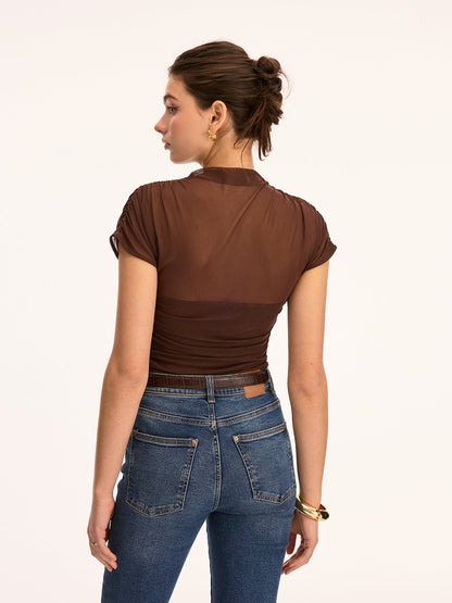 Mesh Ruched Mock Neck Top