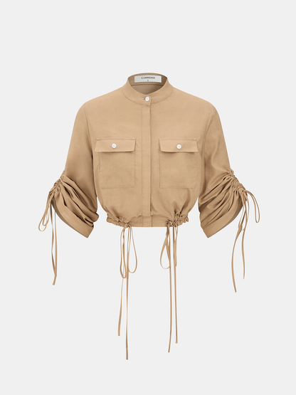 Linen-Cotton Drawstring Cropped Shirt