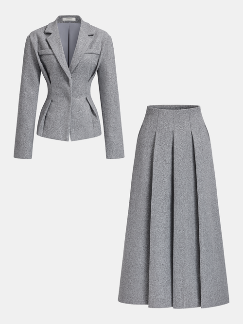 Tweed Blazer & Pleated Skirt Set