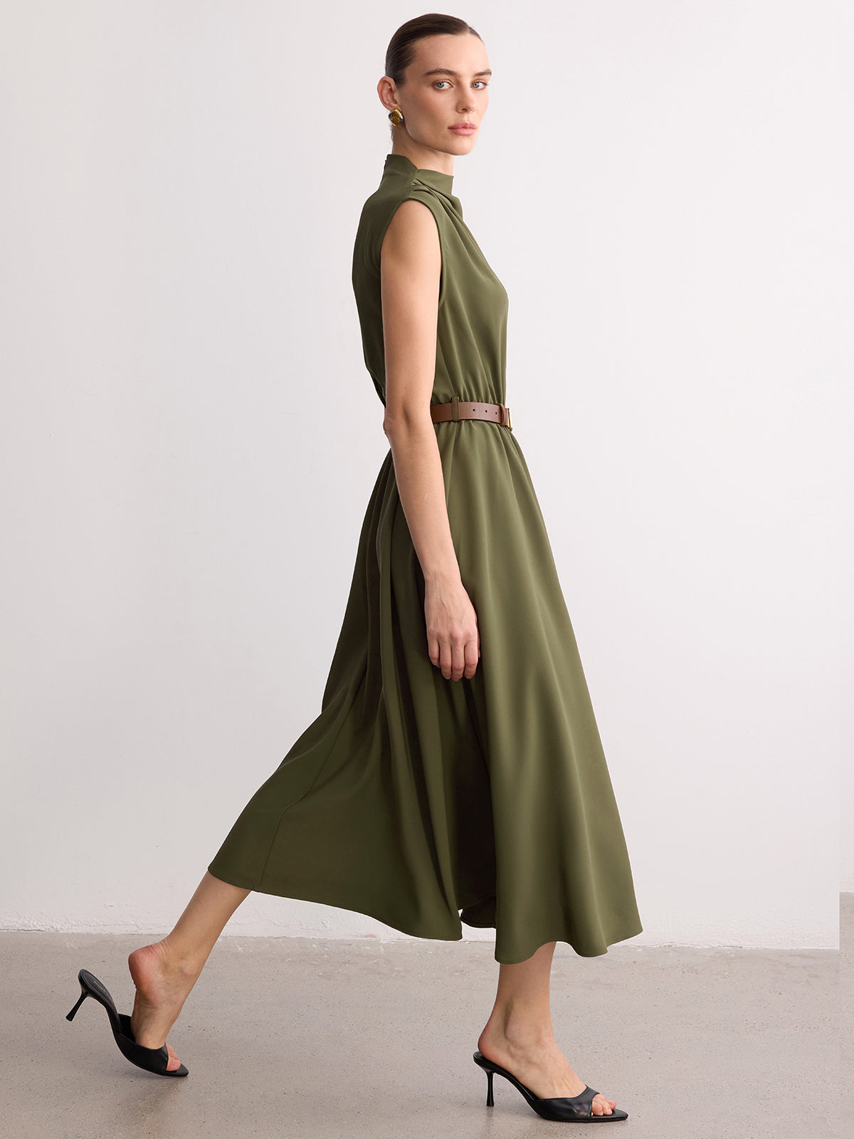 Sleeveless Mock Neck Belted Maxi Dress