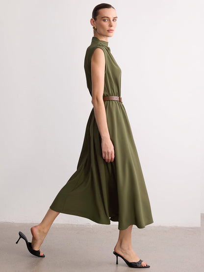 Sleeveless Mock Neck Belted Maxi Dress