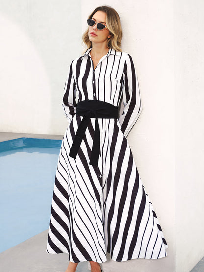 Striped Belted Shirt Midi Dress