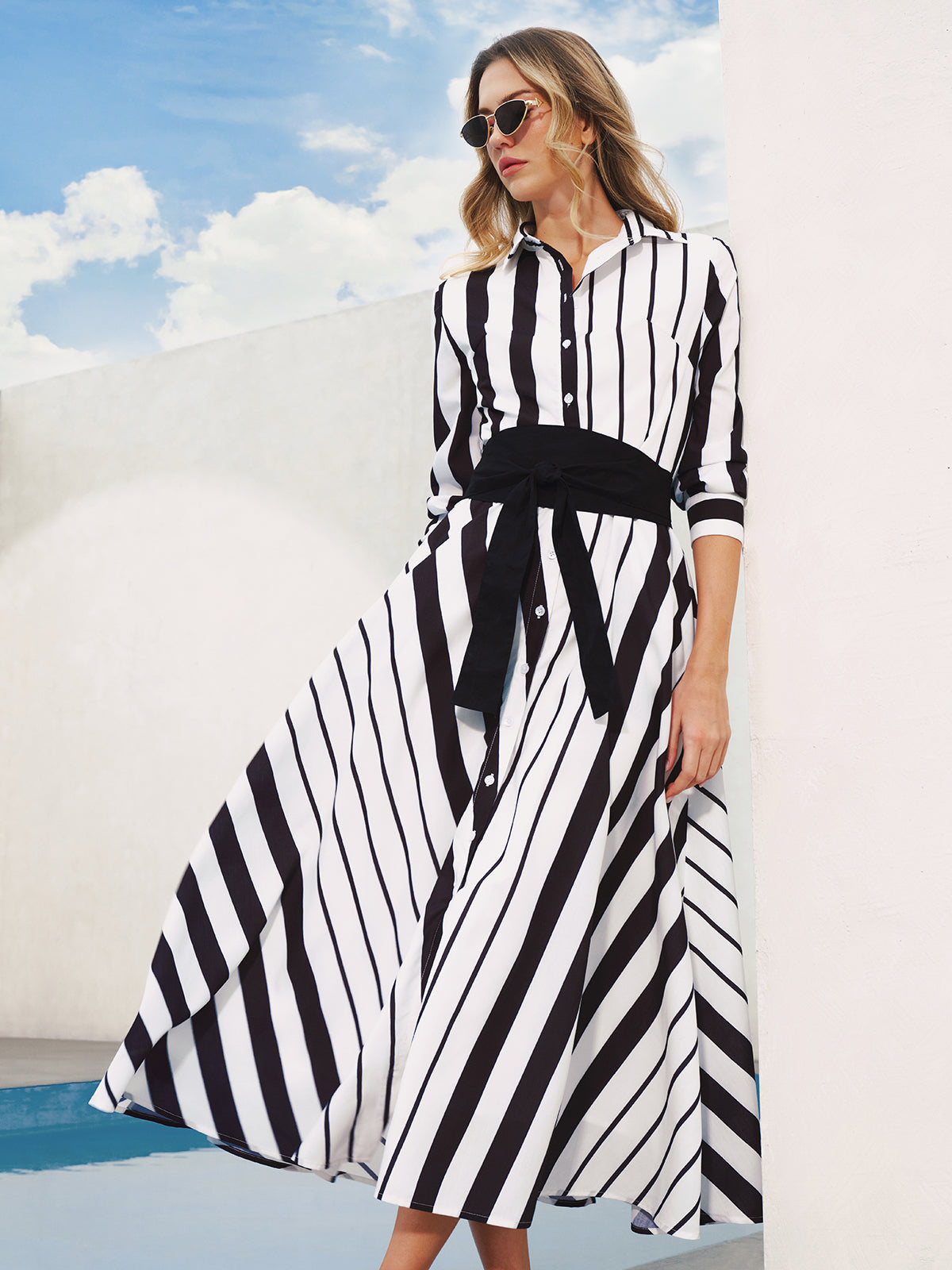 Striped Belted Shirt Midi Dress
