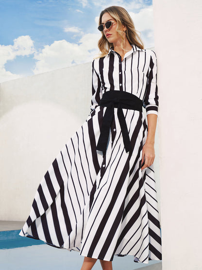 Striped Belted Shirt Midi Dress