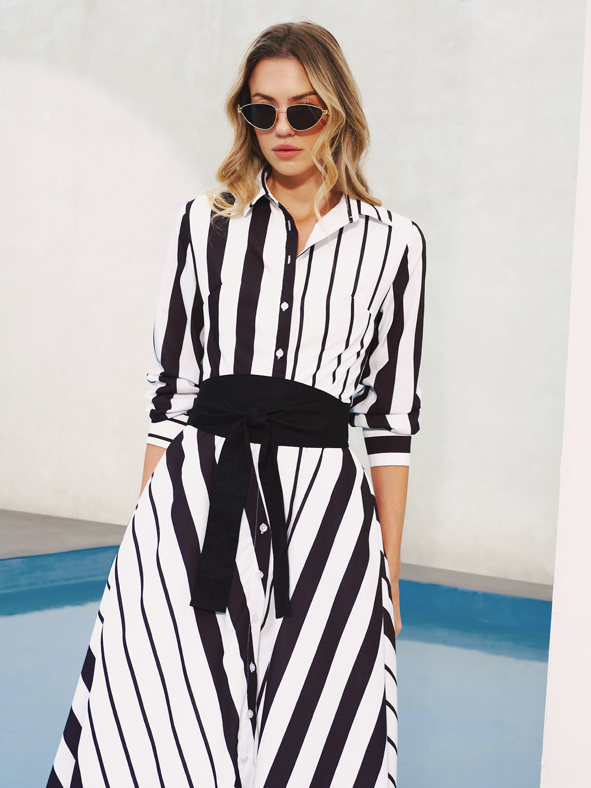 Striped Belted Shirt Midi Dress
