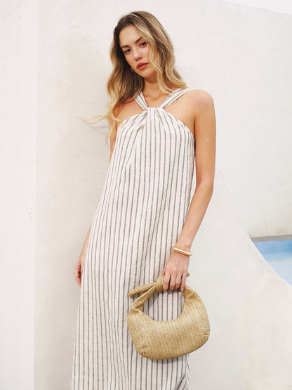 Halter Striped Cotton-Linen Maxi Dress