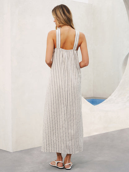 Halter Striped Cotton-Linen Maxi Dress