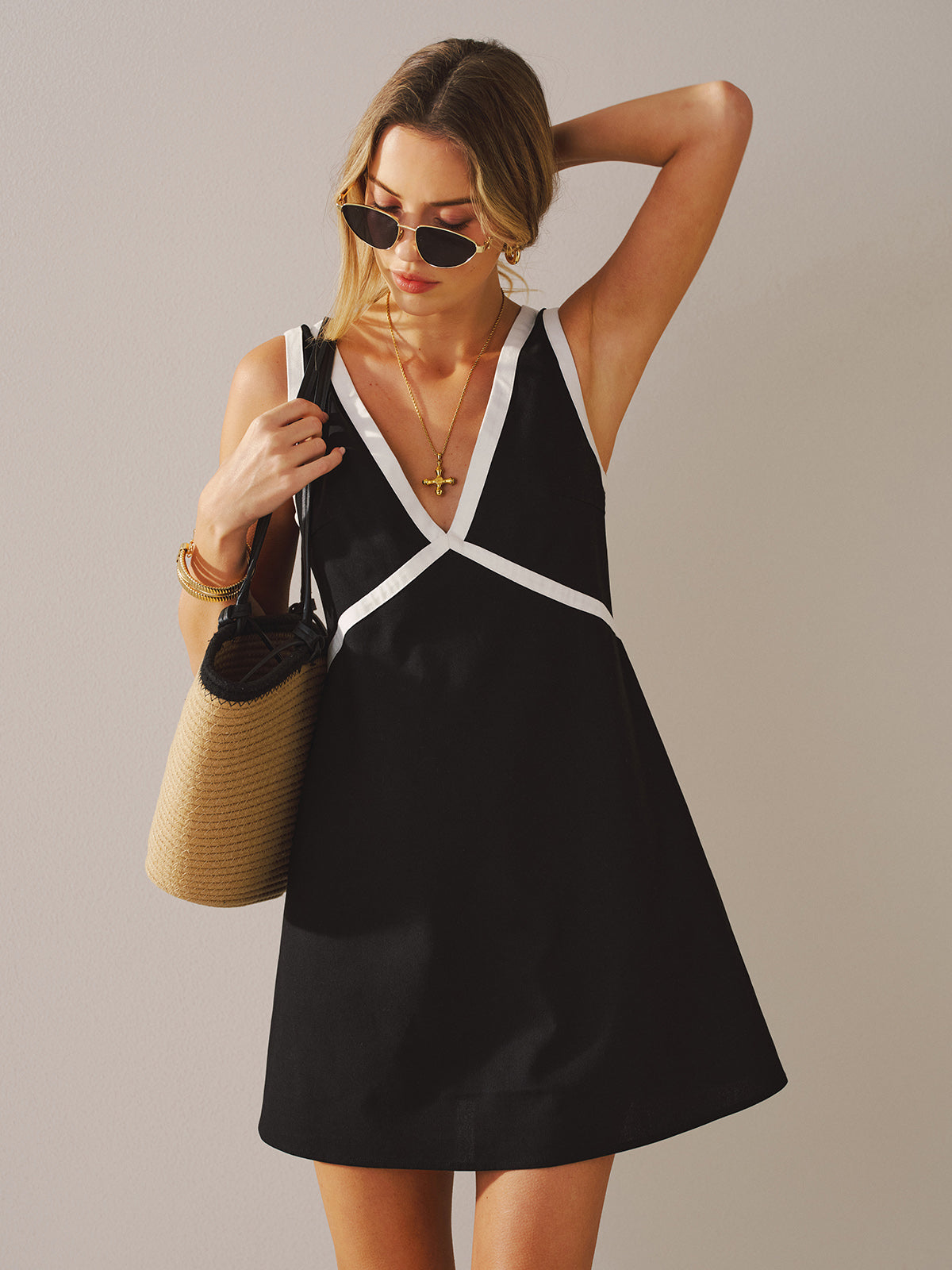 Contrast Trim V-Neck Linen-Blend Mini Dress in Relaxed Fit