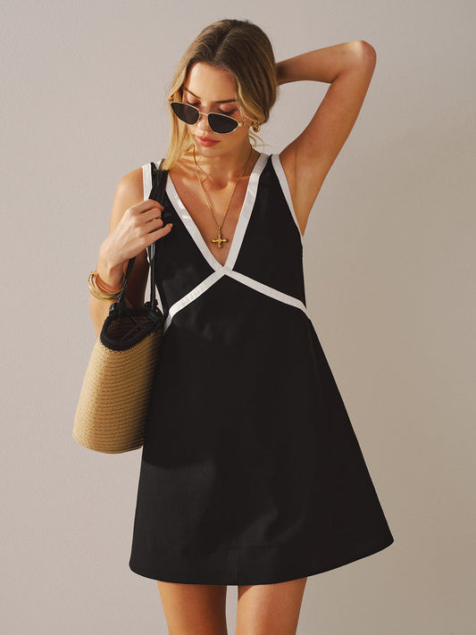 Contrast Trim V-Neck Linen-Blend Mini Dress in Relaxed Fit