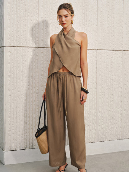 Semi-Sheer Halter Neck Top & Wide Leg Pants Set