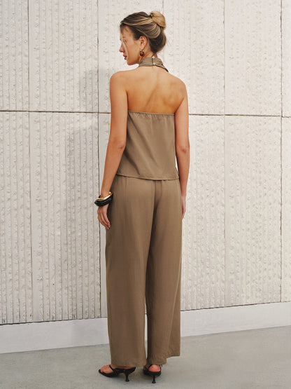 Semi-Sheer Halter Neck Top & Wide Leg Pants Set