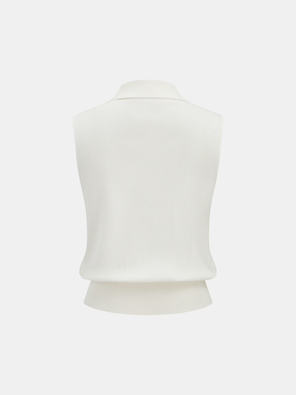 Metal Button Collared Sleeveless Knit Top