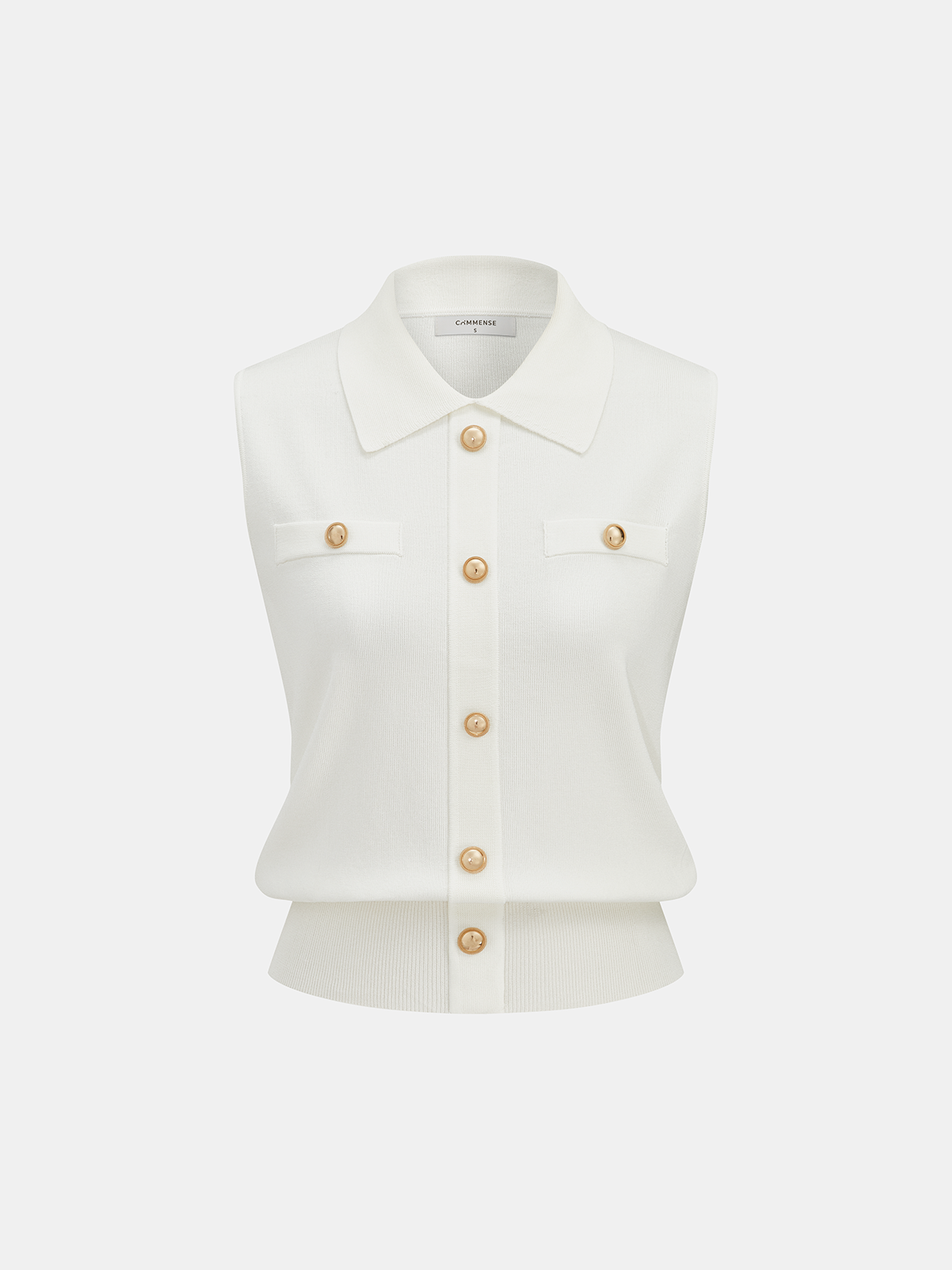 Metal Button Collared Sleeveless Knit Top