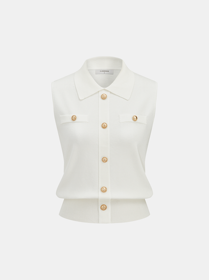 Metal Button Collared Sleeveless Knit Top
