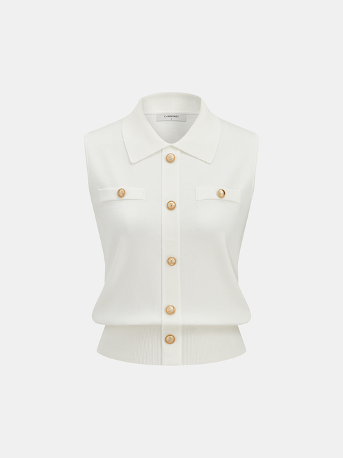 Metal Button Collared Sleeveless Knit Top