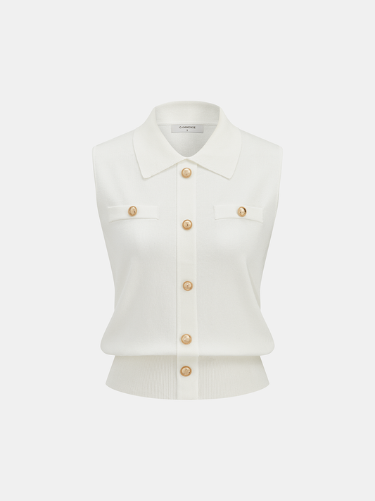 Metal Button Collared Sleeveless Knit Top