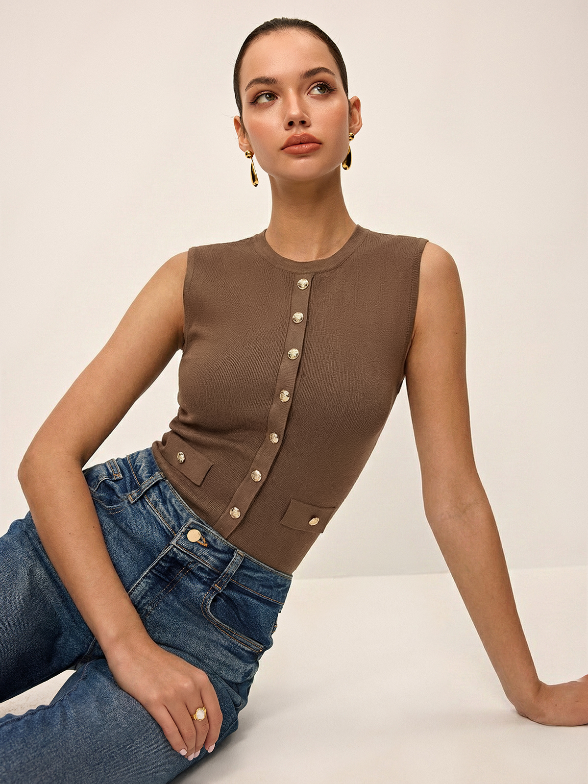 Metal Button Crew-Neck Sleeveless Knit Vest