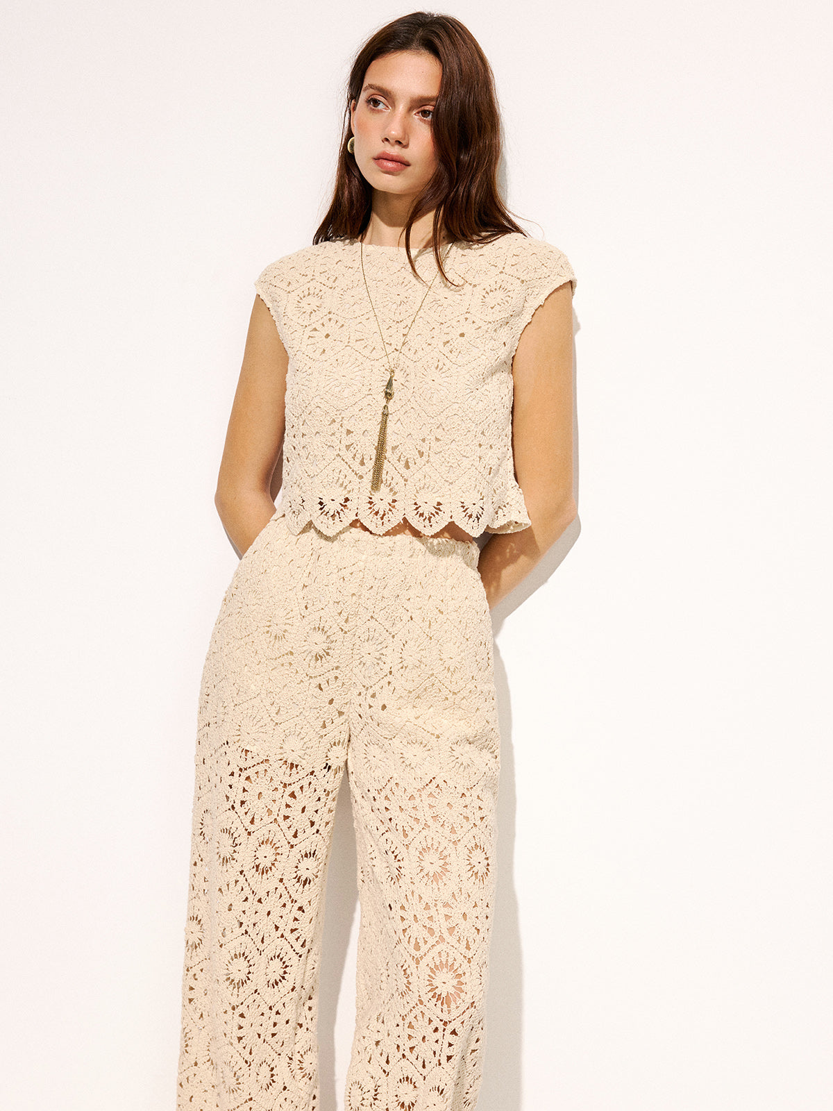 Crochet Sleeveless Crop Top & Pants Set