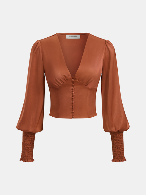 Smocked Satin V-Neck Puff Sleeve Blouse
