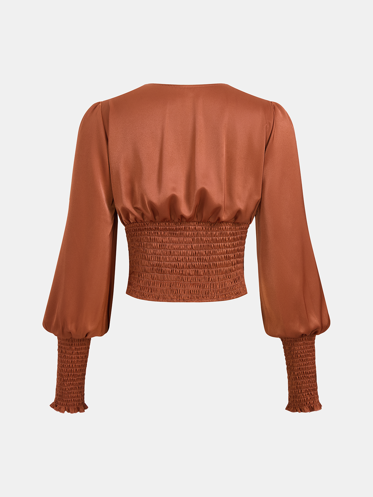 Smocked Satin V-Neck Puff Sleeve Blouse
