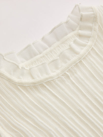 Ruffled Wool Blend Sheer Ribbed Knit Top