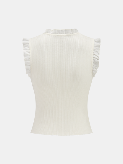 Ruffled Wool Blend Sheer Ribbed Knit Top