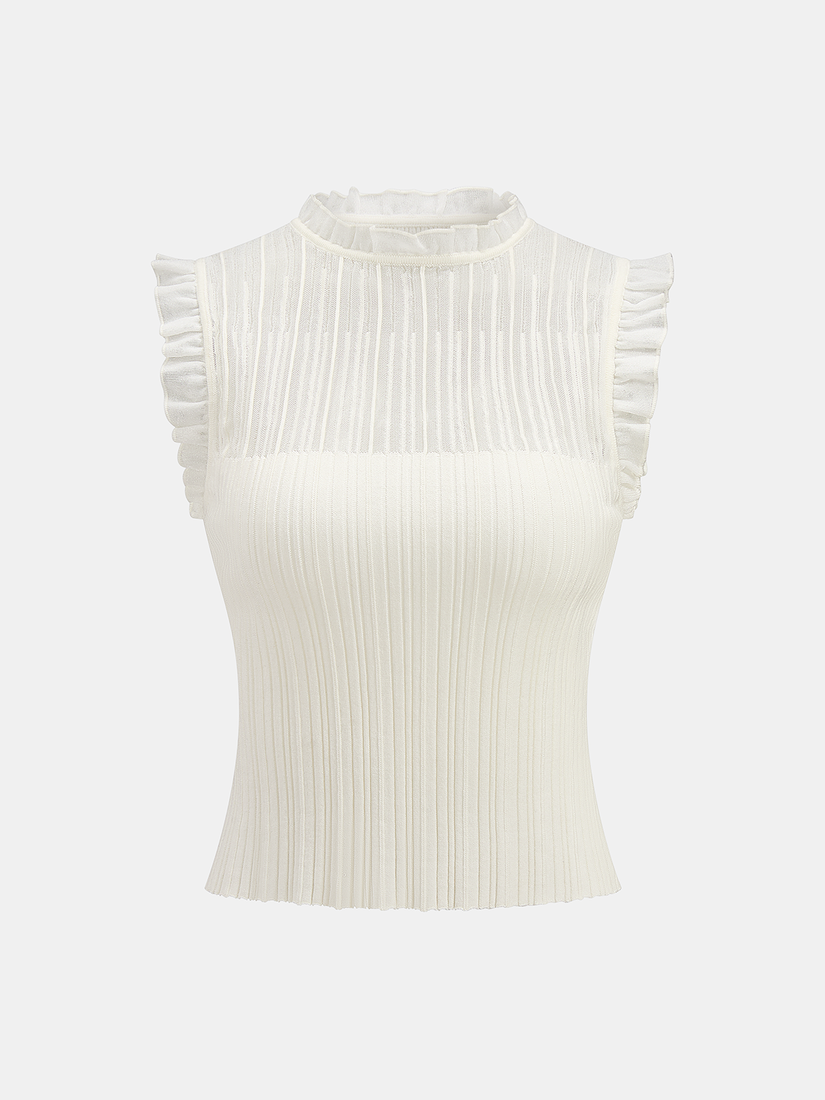 Ruffled Wool Blend Sheer Ribbed Knit Top
