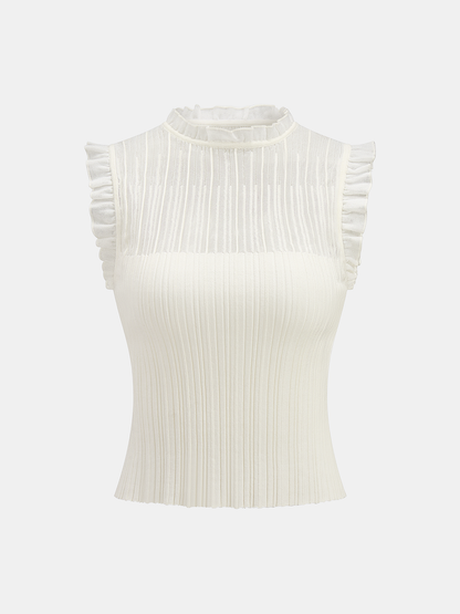 Ruffled Wool Blend Sheer Ribbed Knit Top
