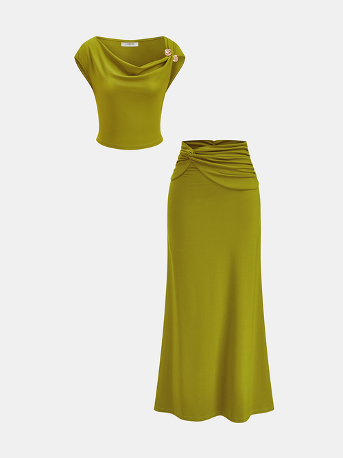 Draped Crop Top & Ruched Maxi Skirt Set