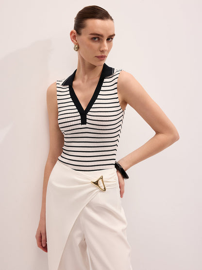 Striped Collared Sleeveless Knit Top