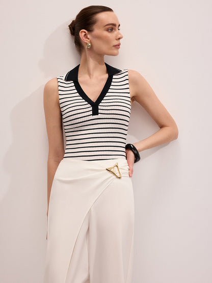 Striped Collared Sleeveless Knit Top