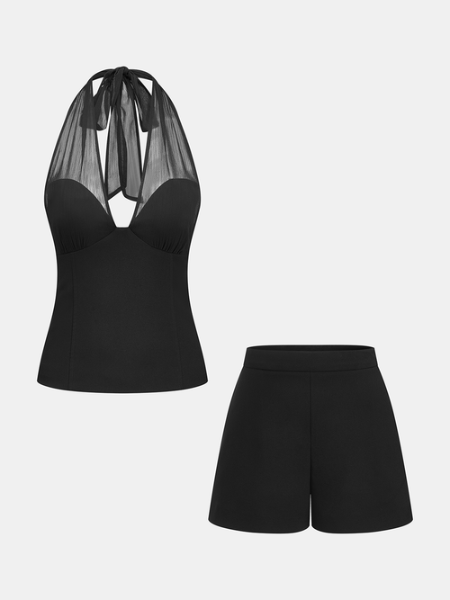 Sheer Halter Neck Top & Shorts Set