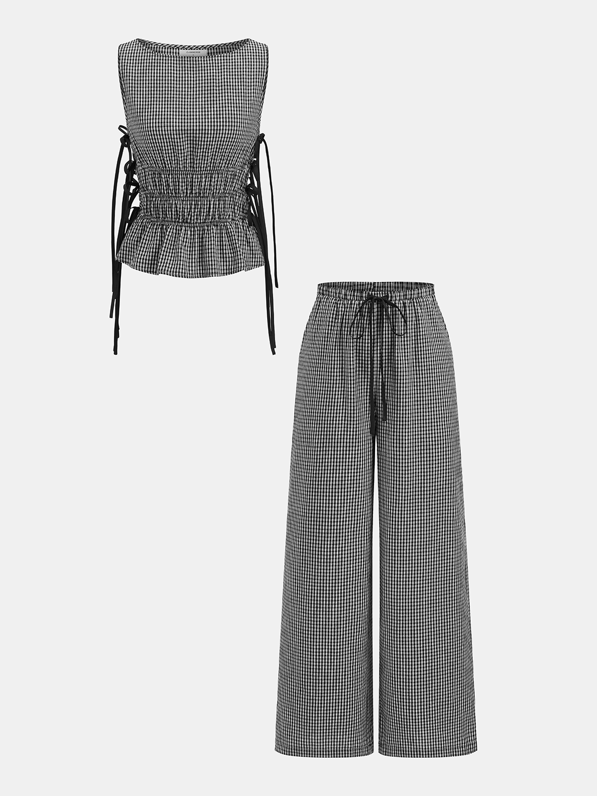 Gingham Lace-Up Sleeveless Top & Pants Set