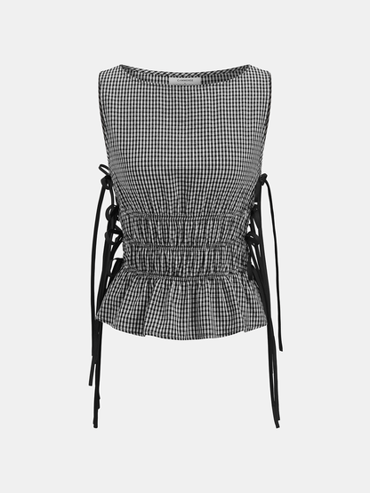 Gingham Lace-Up Sleeveless Top & Pants Set