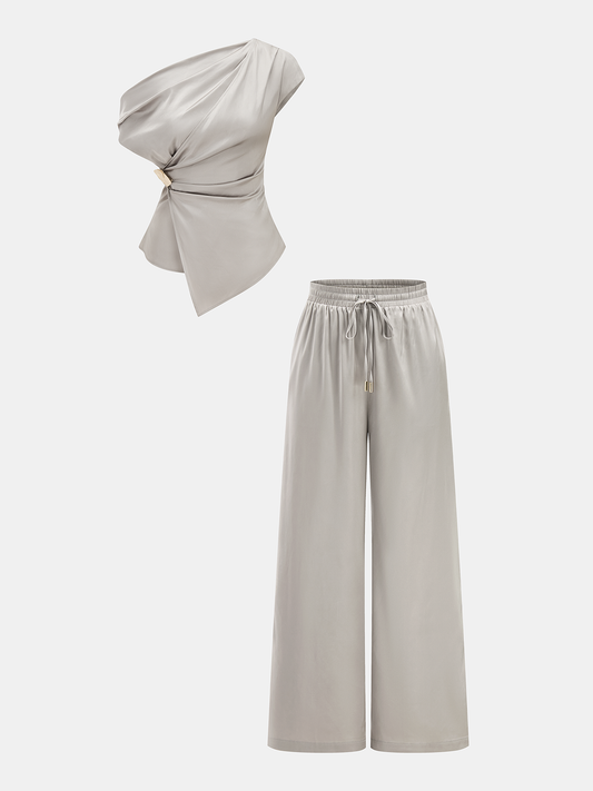 Satin One-Shoulder Top & Drawstring Pants Set