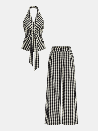 Gingham Halter Tie-Waist Top & Pants Set