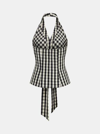 Gingham Halter Tie-Waist Top & Pants Set