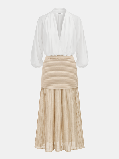 High Waist Patchwork Pleated Midi Skirt