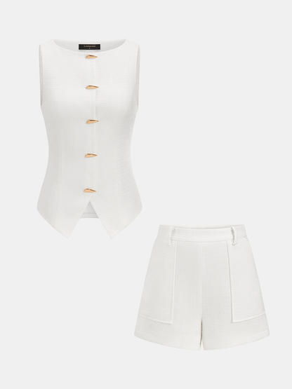 Tweed Sleeveless Metal Button Vest & Shorts Set