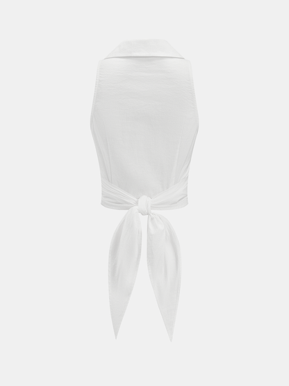 Collared Sleeveless Knotted Cropped Blouse