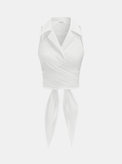 Collared Sleeveless Knotted Cropped Blouse