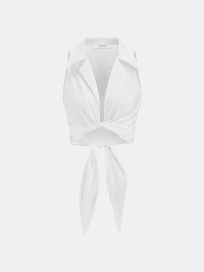 Collared Sleeveless Knotted Cropped Blouse