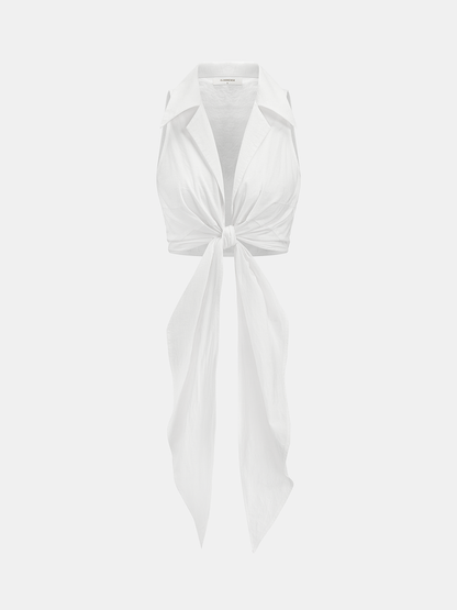 Collared Sleeveless Knotted Cropped Blouse