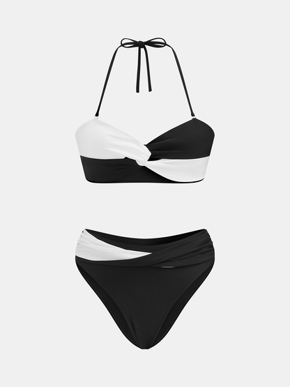 Two-Tone Twist Front Halter Bikini Set