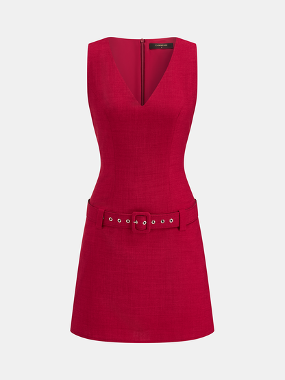 Belted V-Neck Sleeveless Mini Dress