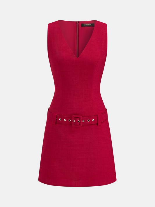 Belted V-Neck Sleeveless Mini Dress