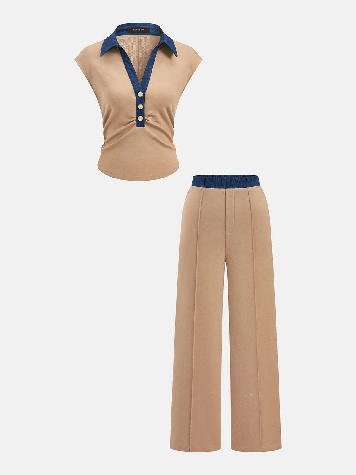 Denim Panel Sleeveless Knit Top & Pants Set